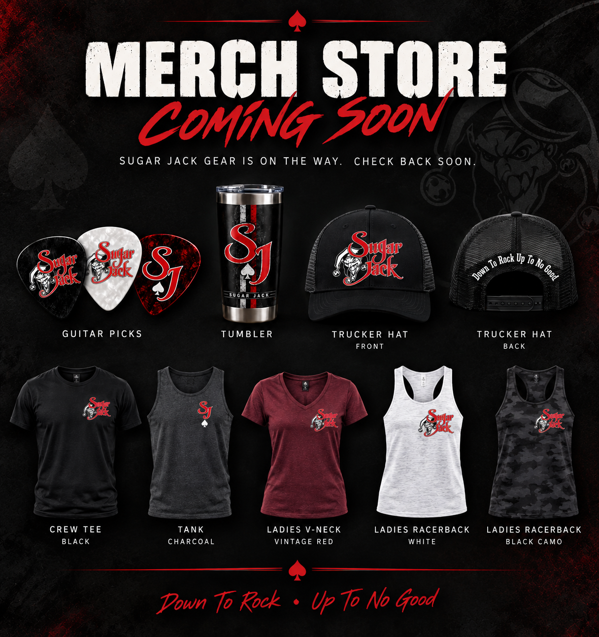 Sugar Jack merch preview featuring guitar picks, tumbler, trucker hat, shirts and tanks